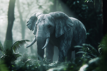 Fototapeta premium Misty morning in a serene forest with a marble-textured elephant standing majestically
