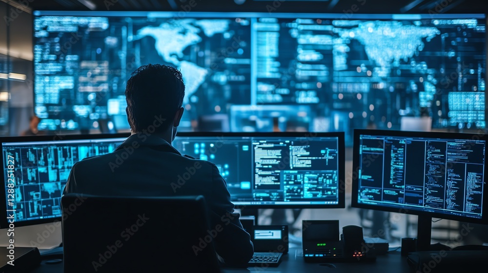 Fototapete a busy security operations center with large digital screens showing critical metrics