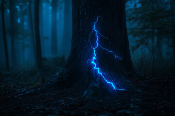 Glowing tree with electric blue veins illuminating a misty forest at night