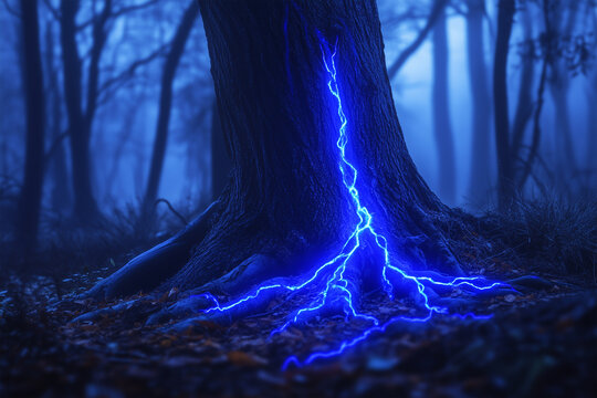 Neon glowing tree with electric blue veins in an enchanting forest at dusk