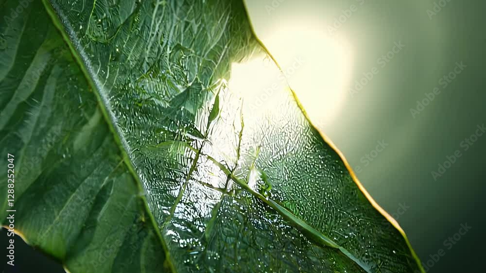 Poster macro camera explores the underside of a giant, floating leaf, revealing intricate vein patterns bac