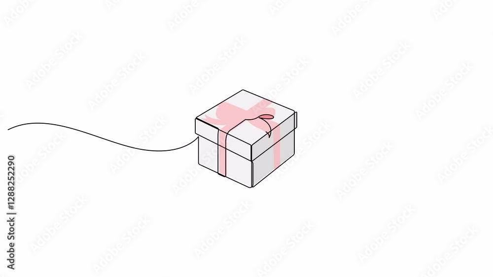 Poster self drawing animation of gift box drawn by continuous one line. one line present with ribbon bow an