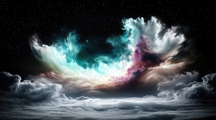 Obraz premium Colorful nebula above clouds at night, cosmic fantasy art