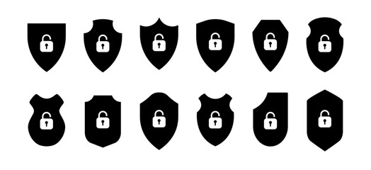 Set of shield icons with padlock symbols in black and white. This collection features vector shield shapes with lock elements, ideal for security, privacy, and protection themes.