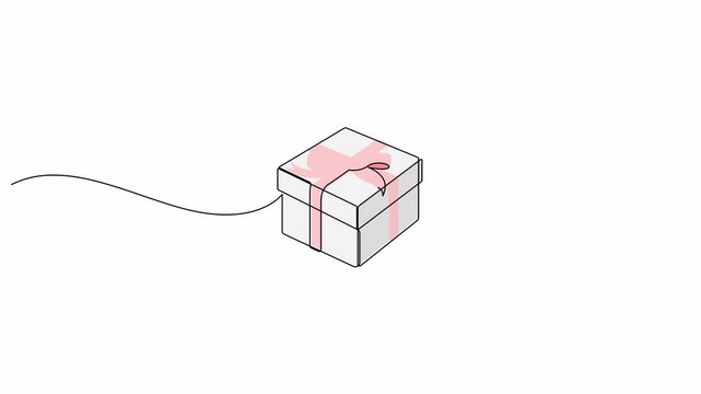Self drawing animation of gift box drawn by continuous one line. One line present with ribbon bow animated video. 4K, Alpha channel.