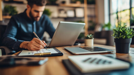Professional home office setup featuring a man writing notes in a planner on a stylish desk