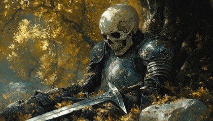 A skeletal knight rests beneath a tree with their sword