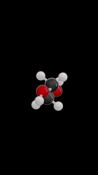 Molecule of Ethylene Glycol. Animated chemical 3D Model: Ball and stick. Molecular Formula: C2H6O2. Black background. Seamless loop. Vertical screen. 3D rendering.