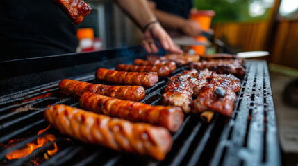 A backyard grill piled high with glazed ribs, smoky sausages, thick burgers, and sizzling bacon-wrapped jalapeÃ±os. Smoke and fire create an authentic BBQ experience.