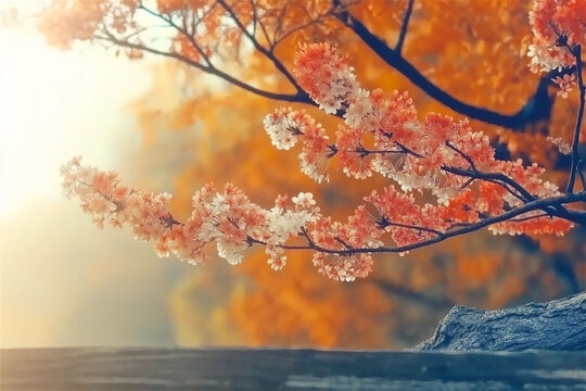 A vibrant autumn tree with bright red leaves standing against a backdrop of a clear sky, signaling the change of seasons with its rich colors and intricate branches.