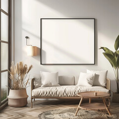Modern living room interior with sofa and blank poster frame.