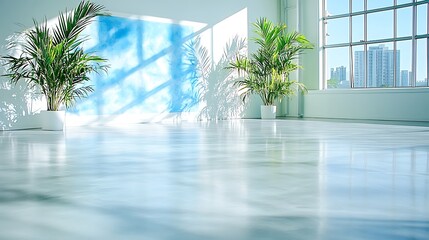 Fototapeta premium Bright indoor space with plants urban setting photography modern style wide angle serenity