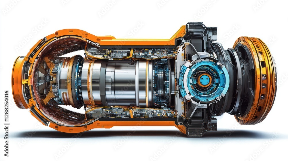 Poster detailed view of a futuristic engine design showcasing intricate mechanical components and vibrant c