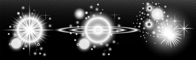 Light white effect: isolated flare, tire explosion, dust line, sun flare, star spark, sunlight, vector set	
