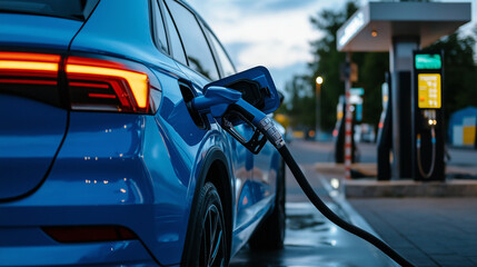A blue car parked at a roadside gas station, nozzle inserted into the fuel tank. The driver watches the fuel pump meter rise, ensuring engine efficiency. Efficient, dependable fuel