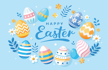 Easter holiday, hare with a basket of Easter eggs, Easter bunny and eggs. Vector illustration