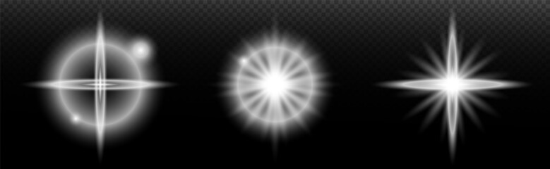 Light white effect: isolated flare, tire explosion, dust line, sun flare, star spark, sunlight, vector set	
