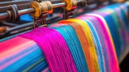 Vibrant threads loom weaving colorful fabric, factory