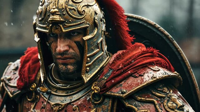 A Roman centurion stands resolutely in the rain, clad in ornate battle gear, prepared for combat in ancient Roman times at a historical battlefield