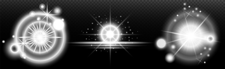 Light white effect: isolated flare, tire explosion, dust line, sun flare, star spark, sunlight, vector set	

