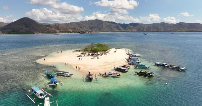 Aerial View of Sandbar Island with Boats in Lombok, Indonesia