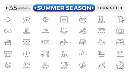 Summer season set of web icons in line style. Summer vacation icons for web and mobile app. Travel, beach, tourism, summer holidays, hotel, relax, beach, luggage. Editable stroke outline icon. 
