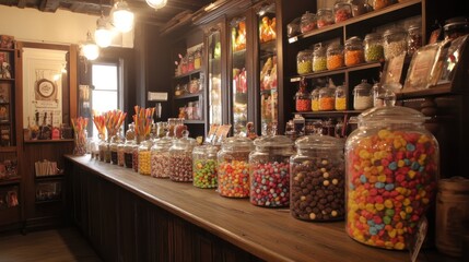 Vintage candy store interior, jars of colorful candies, display shelves, historical shop