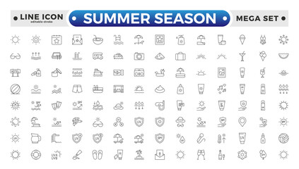 Summer season set of web icons in line style. Summer vacation icons for web and mobile app. Travel, beach, tourism, summer holidays, hotel, relax, beach, luggage. Editable stroke outline icon. 
