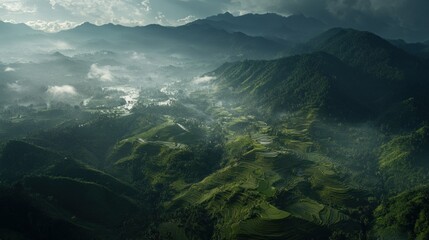 Aerial view of lush green mountains and valleys under dramatic cloudy skies at dawn