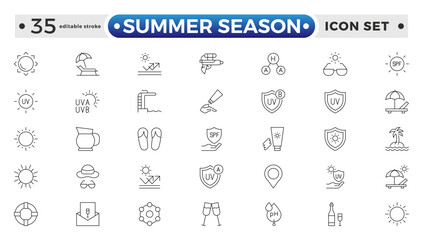 Summer season set of web icons in line style. Summer vacation icons for web and mobile app. Travel, beach, tourism, summer holidays, hotel, relax, beach, luggage. Editable stroke outline icon. 
