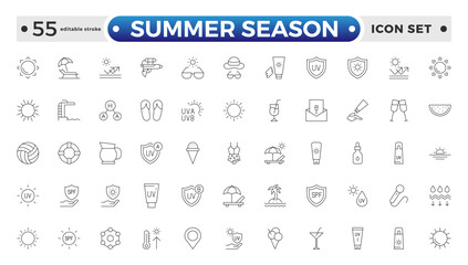 Summer season set of web icons in line style. Summer vacation icons for web and mobile app. Travel, beach, tourism, summer holidays, hotel, relax, beach, luggage. Editable stroke outline icon. 

