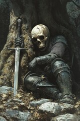 Fototapeta premium A Skeleton Soldier Leaning Against A Tree Holding His Sword