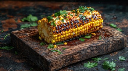Grilled Corn on Cob with Cilantro and Spices on Rustic Plank