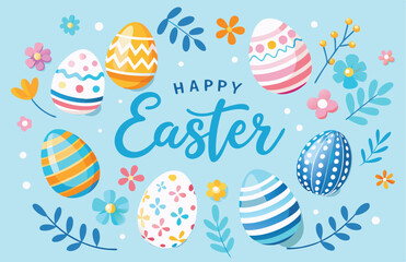 Easter holiday, hare with a basket of Easter eggs, Easter bunny and eggs. Vector illustration