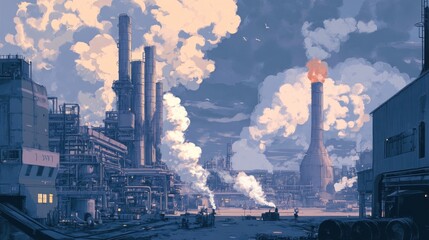 Obraz premium Industrial Plant Sunset Smokestacks Pollution Cityscape