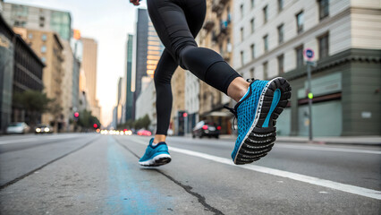 Naklejka premium Runner in Athletic Shoes Jogging on City Street Active Lifestyle Fitness Training Urban Running Concept