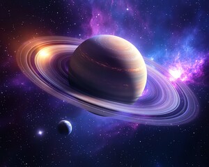 Majestic Saturn in space with its iconic rings, surrounded by a vivid purple galaxy, distant stars, and cosmic nebulae, orbiting planets in the background, photorealistic, 8K