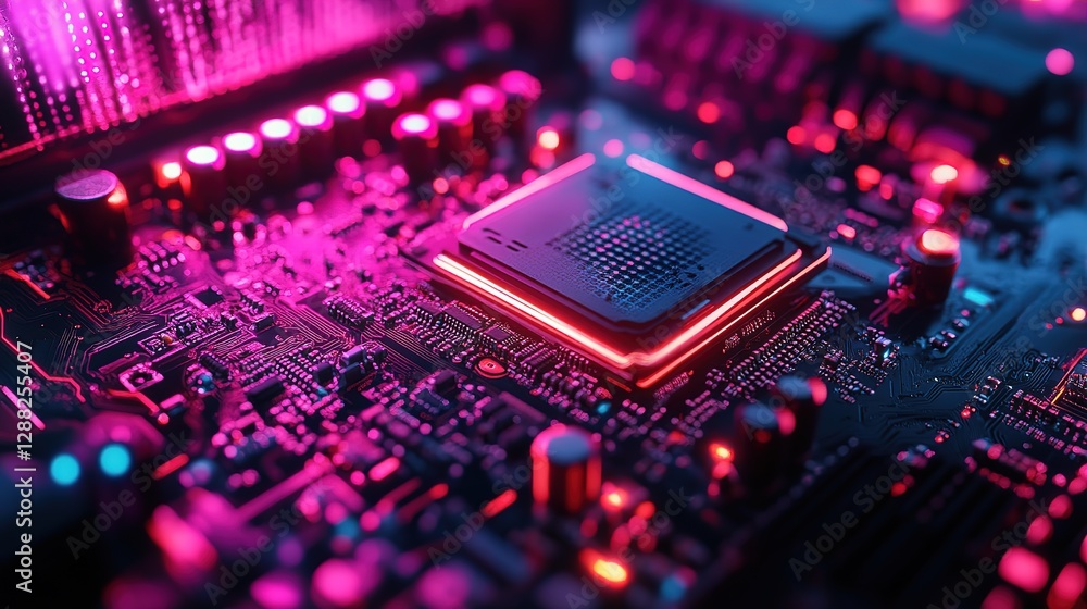 Poster illuminated rgb computer components closeup with cooling fans and colorful circuit design, 8k
