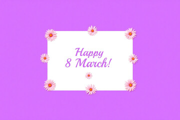 happy 8 march greeting card with pink flowers on purple background
