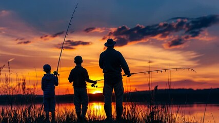 Father and two sons enjoying a peaceful fishing trip at sunset by the lake, casting their lines into the calm water with a beautiful sky in the background