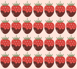 Chocolate covered strawberries pattern. Vector background with cute chocolate covered strawberries evenly distributed on a light background. Print with a delicious dessert. For printing on packaging, 