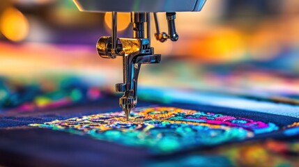 Close-up Sewing machine embroidering colorful fabric, workshop background