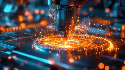 Fototapeta premium High Tech CNC Machine Cutting MetalPlateCuttingToolManufacturingTechnologyHigh