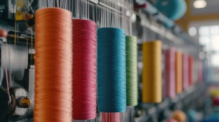 Colorful spools of thread on weaving loom in factory