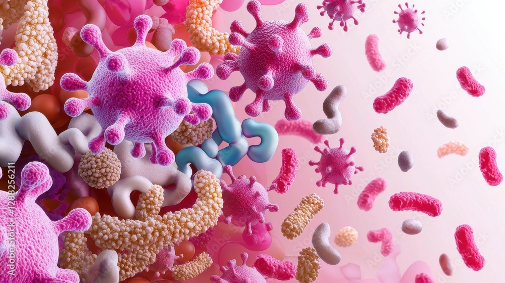 Poster a colorful microscopic view of bacteria and viruses, illustrating their complex shapes and interacti