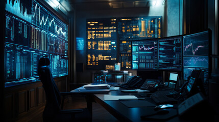Exploring a modern AI-driven stock market analysis room filled with glowing data streams and advanced technology