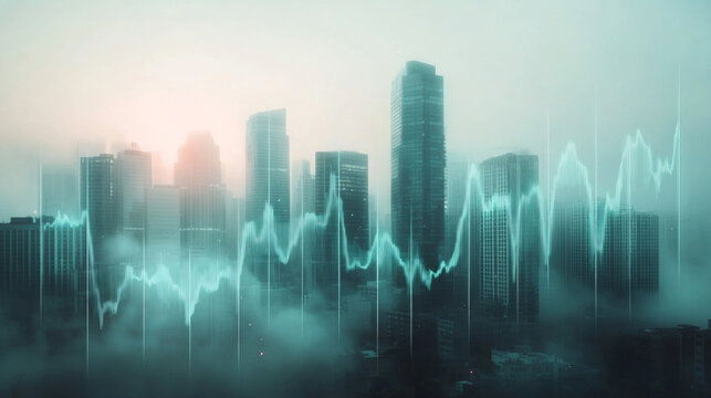 Economic recession concept illustrated by foggy skyline and declining financial graphs during urban dawn