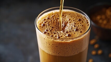 Frothy coffee pouring, dark background, beans