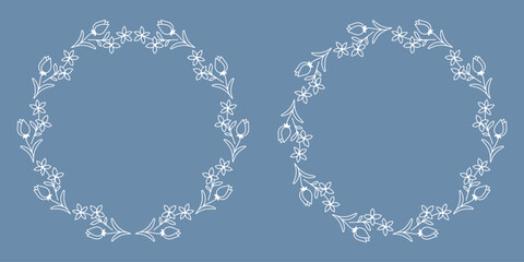 Elegant Floral Wreath with White Line Art on Blue Background. Frame with Wildflowers and Tulip Buds, Decorative Ornament for Design. Editable Stroke.