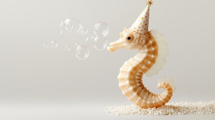 Celebration of a beautiful seahorse blowing bubbles in the sea underwater joy playful viewpoint magical concept